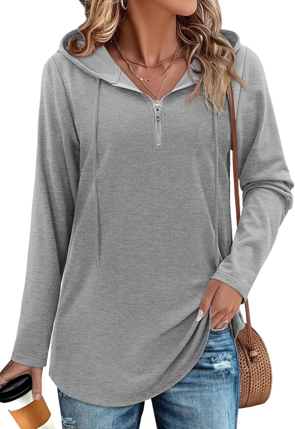 Women's Quarter Zip Tunic Hoodies Pullover Long Hooded Sweatshirts Long Sleeve Tops