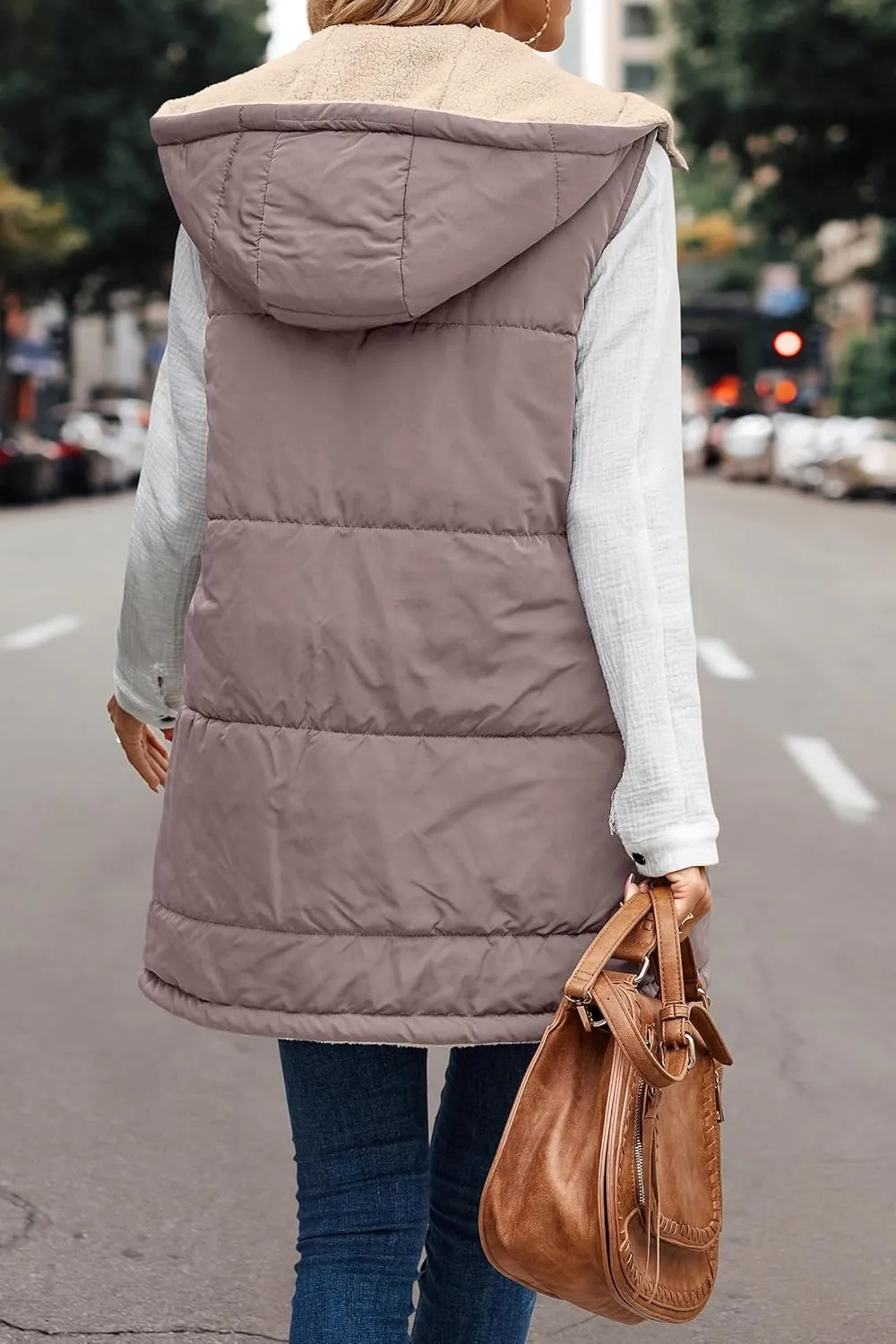 Womens Reversible Vests Sleeveless Jacket Zip Up Hoodie 2023 Fall Winter Warm Long Fleece Coat Outerwear with Pockets