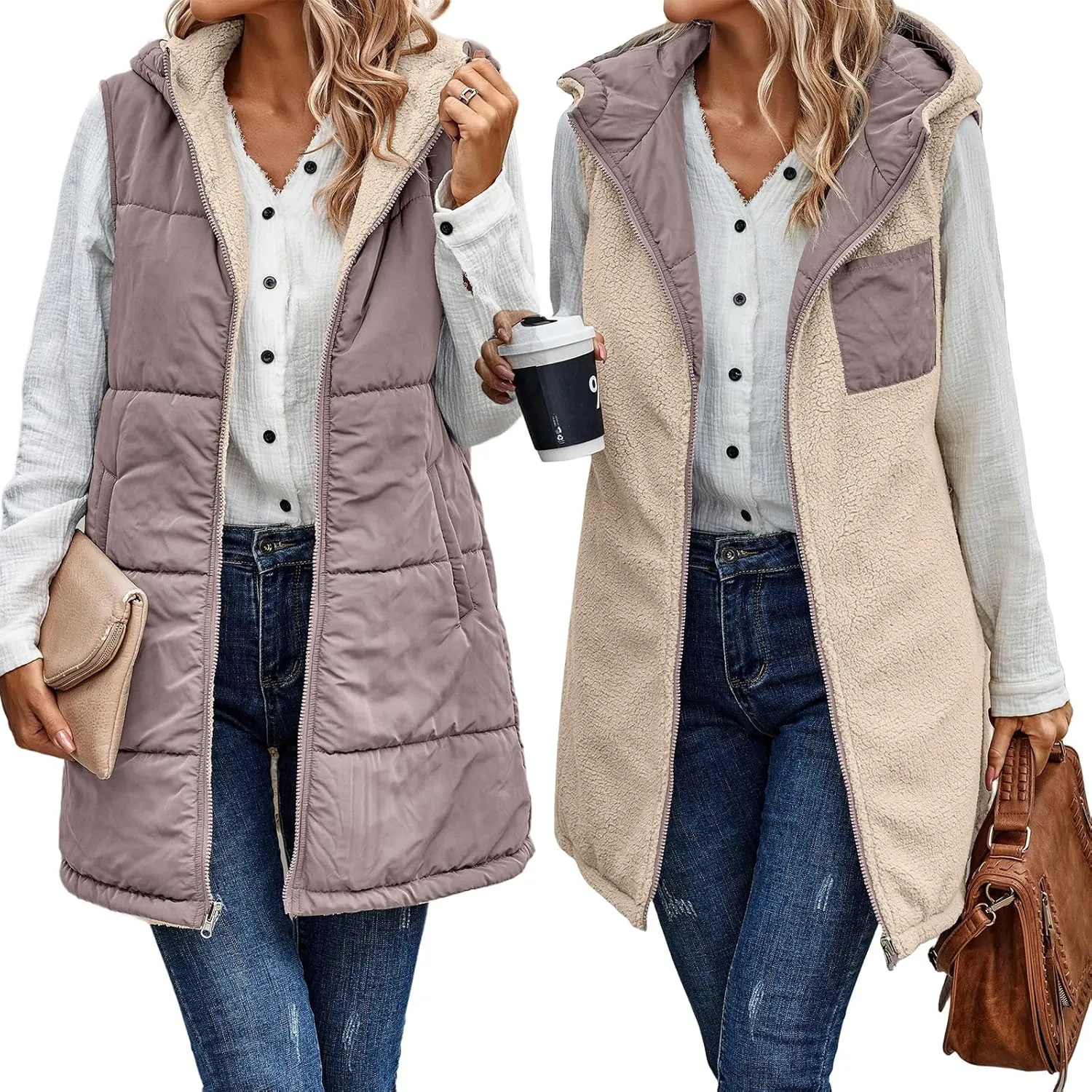 Womens Reversible Vests Sleeveless Jacket Zip Up Hoodie 2023 Fall Winter Warm Long Fleece Coat Outerwear with Pockets