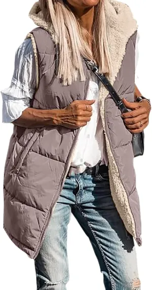 Womens Reversible Vests Sleeveless Jacket Zip Up Hoodie 2023 Fall Winter Warm Long Fleece Coat Outerwear with Pockets