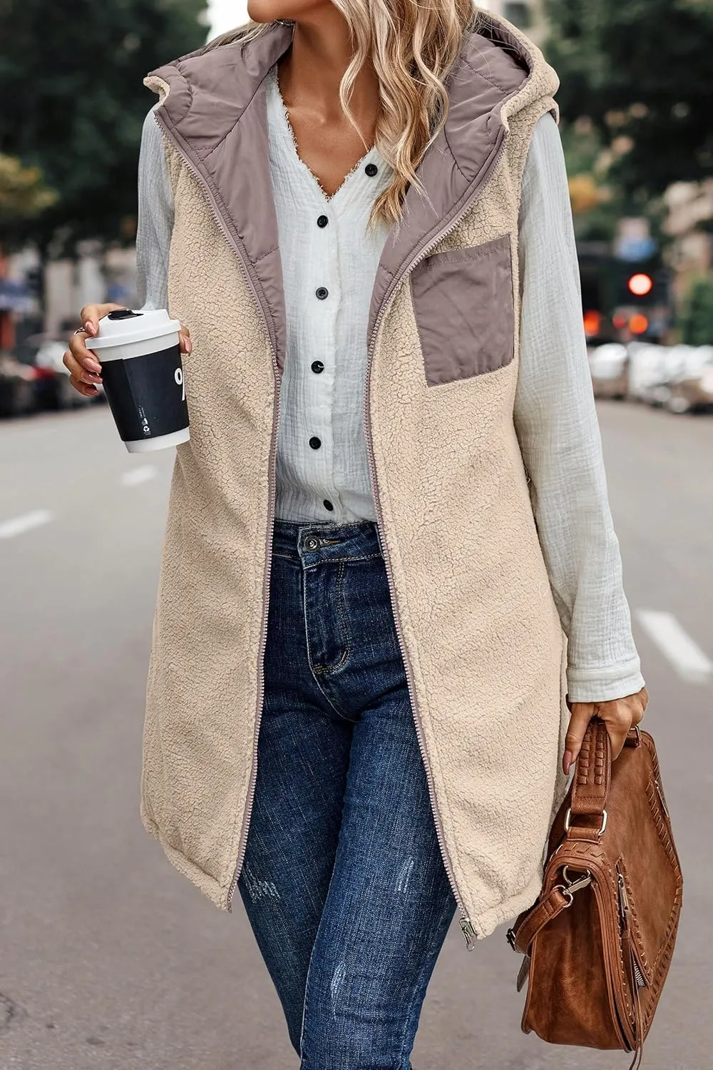 Womens Reversible Vests Sleeveless Jacket Zip Up Hoodie 2023 Fall Winter Warm Long Fleece Coat Outerwear with Pockets