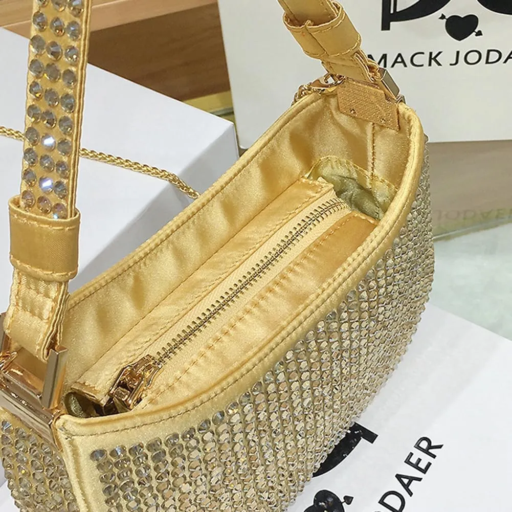 Womens Rhinestone Evening Bags Shinny Crescent Clutch Purse Crossbody Shoulder Satchel Small Handbag for Wedding Party