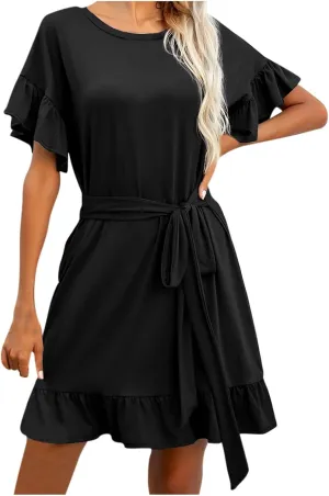 Womens Ruffle Dresses 2025 Casual Summer Mini Dress High Waist A Line Swing Dresses Solid Color Boho Dress with Belt