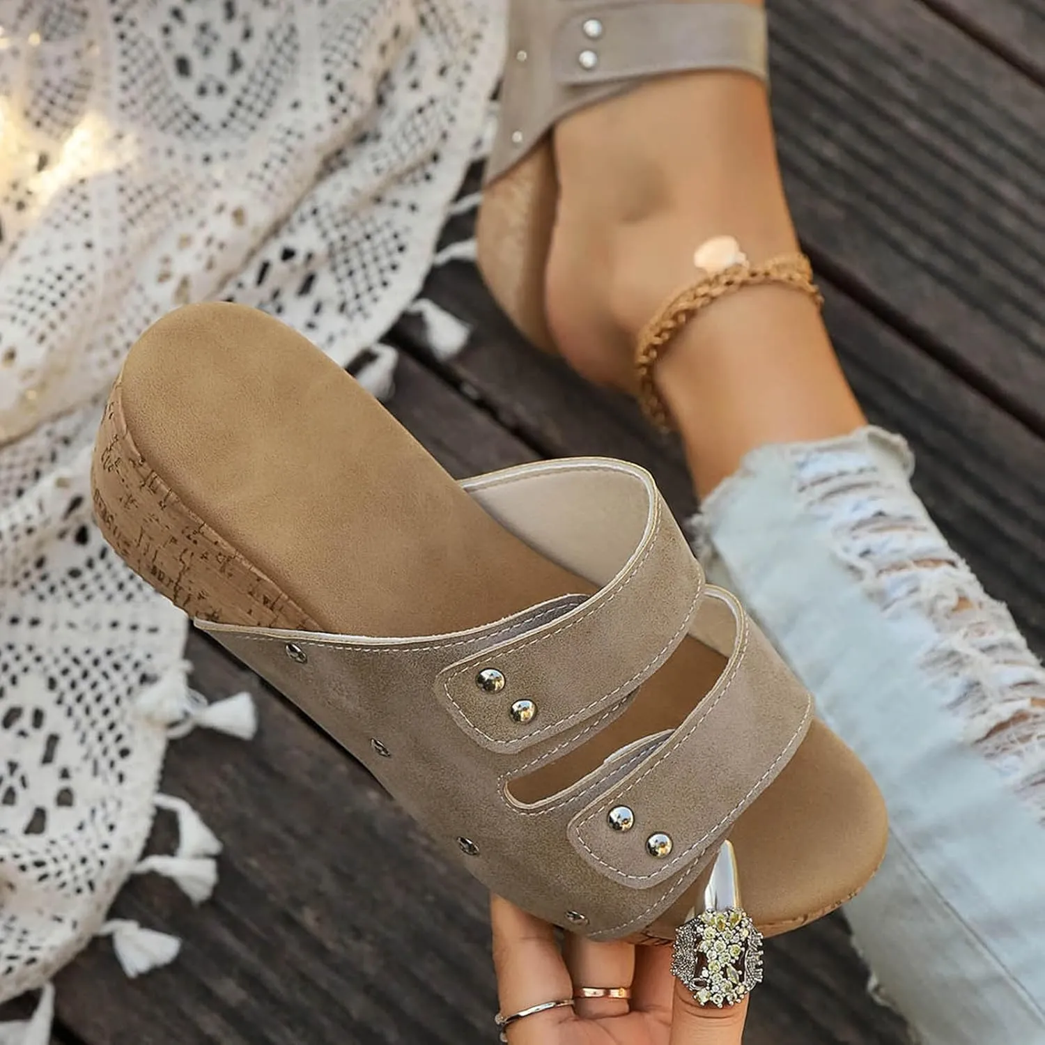 Womens Sandals Comfortable Dressy 2 Adjustable Buckle Slippers Sandal With Arch Support Slip On Outdoor Slipper Wedge Flats