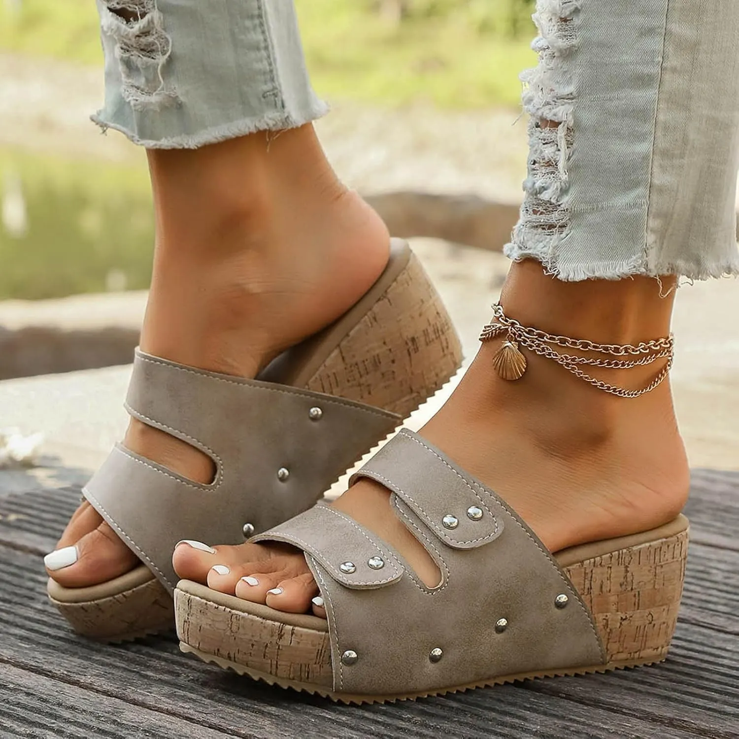 Womens Sandals Comfortable Dressy 2 Adjustable Buckle Slippers Sandal With Arch Support Slip On Outdoor Slipper Wedge Flats