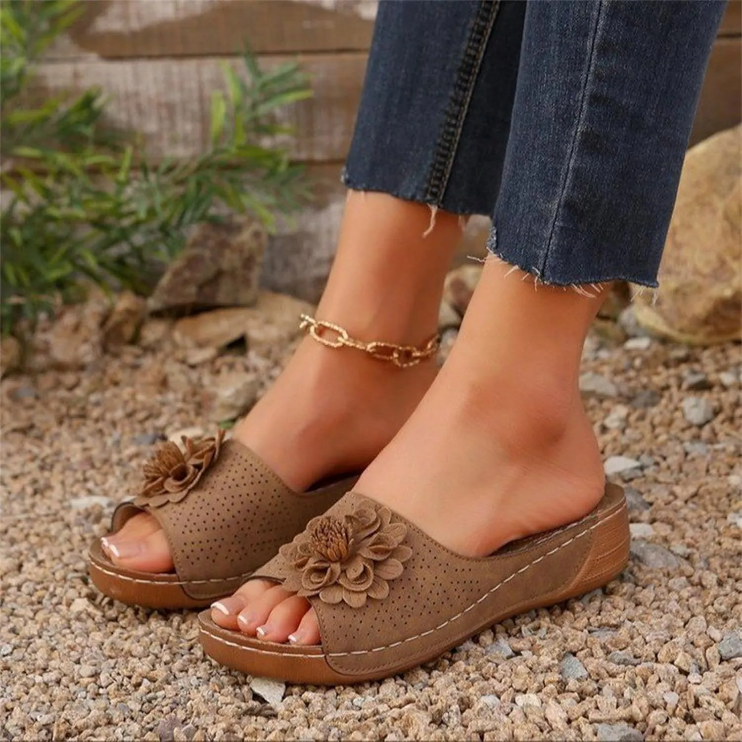 Women's Sandals Open Toe Flowers Arch Support Orthopedic Sandals Wedge Platform Roman Slippers Casual Summer Comfortable Beach Shoes