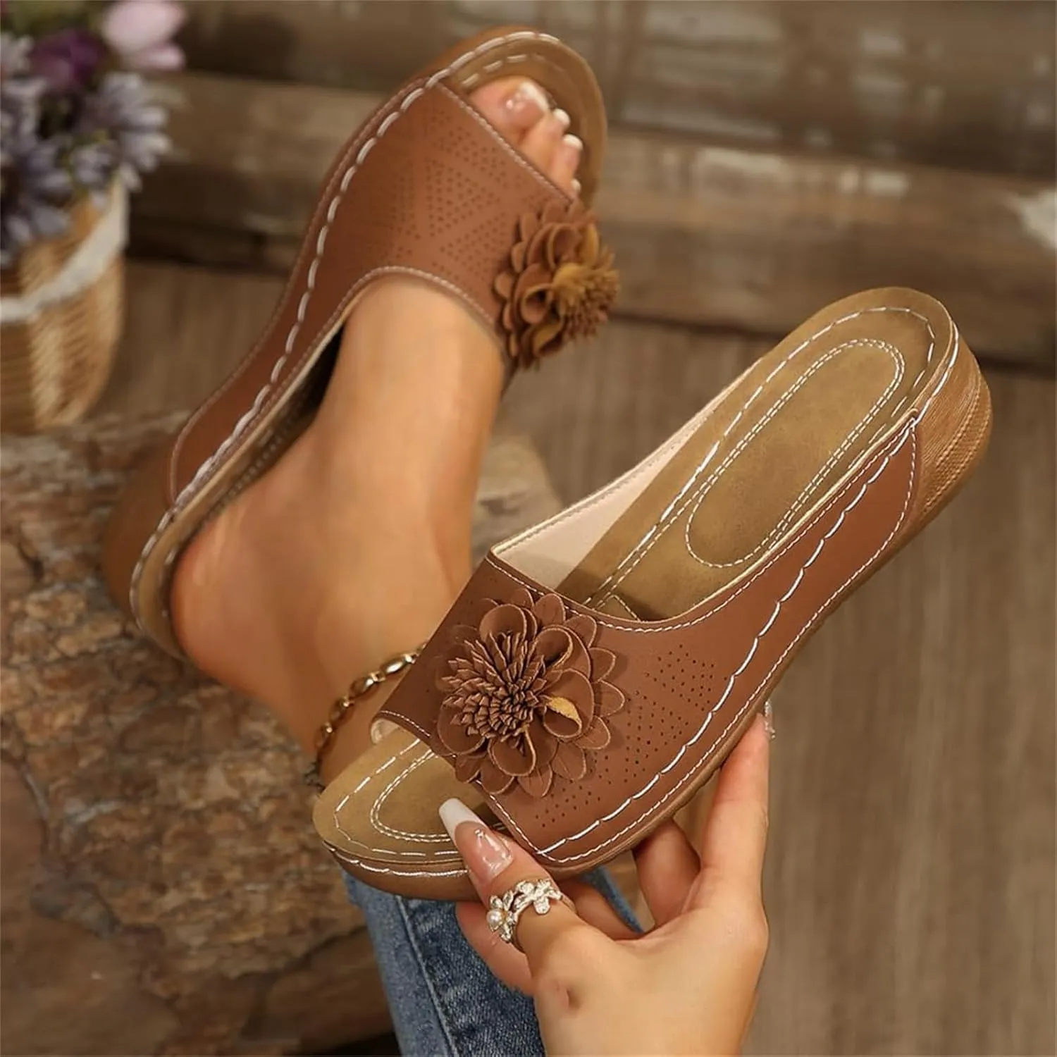 Women's Sandals Open Toe Flowers Arch Support Orthopedic Sandals Wedge Platform Roman Slippers Casual Summer Comfortable Beach Shoes