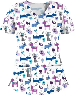 Womens Scrub Tops Fashion Printed Work Uniform T-Shirt V Neck Short Sleeve Nurse Tops Tunic Blouse with Pocket