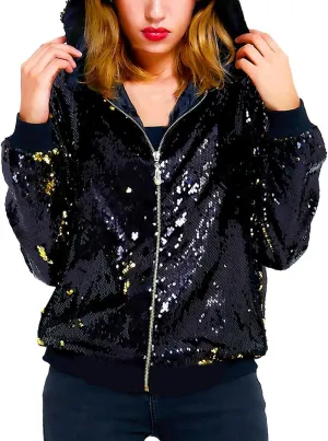 Women's Sequin Zip Up Hoodie Sweatshirt Loose Long Sleeve Jacket Glitter Party Shiny Baseball Coat Casual Rave Outfits Jacket for Women Trendy Oversized Sweatshirt BK1 X-Large