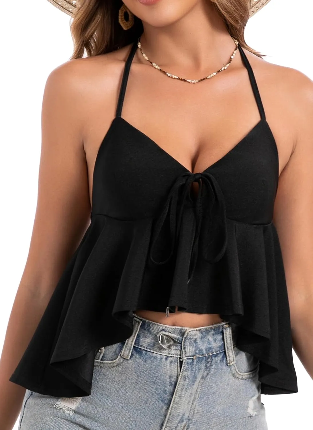 Women's Sexy Flowy Ruffle Spaghetti Strap Y2k Peplum Halter Top