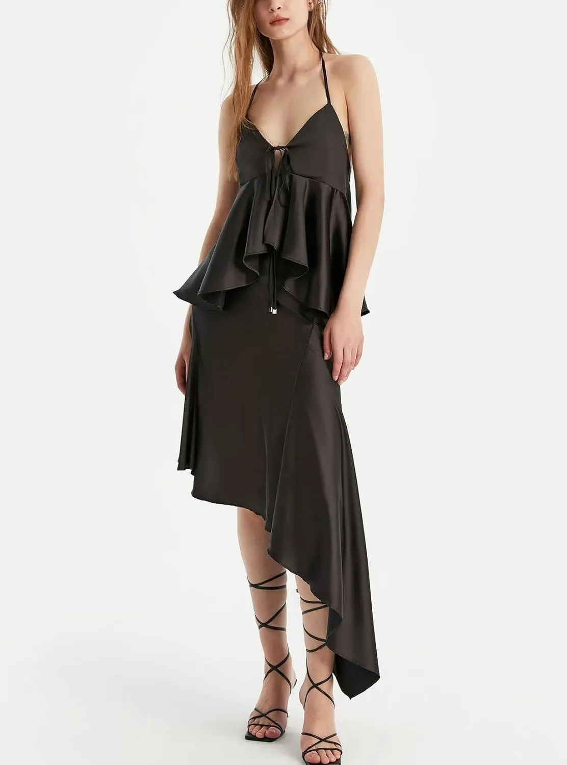 Women's Sexy Flowy Ruffle Spaghetti Strap Y2k Peplum Halter Top