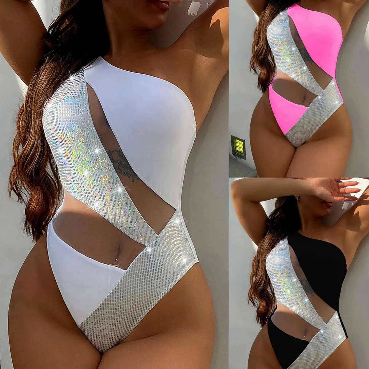 Women's Sexy Metallic One Piece Swimsuit Shiny Sequin Mesh Sheer Splicong One Shoulder Bathing Suit Rave Festival Outfits