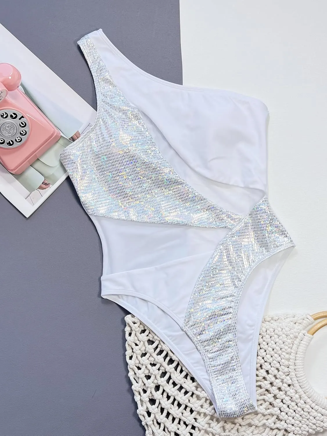 Women's Sexy Metallic One Piece Swimsuit Shiny Sequin Mesh Sheer Splicong One Shoulder Bathing Suit Rave Festival Outfits