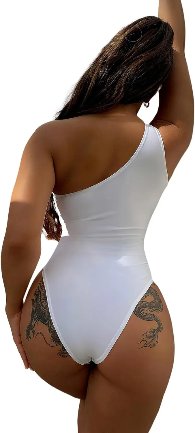 Women's Sexy Metallic One Piece Swimsuit Shiny Sequin Mesh Sheer Splicong One Shoulder Bathing Suit Rave Festival Outfits