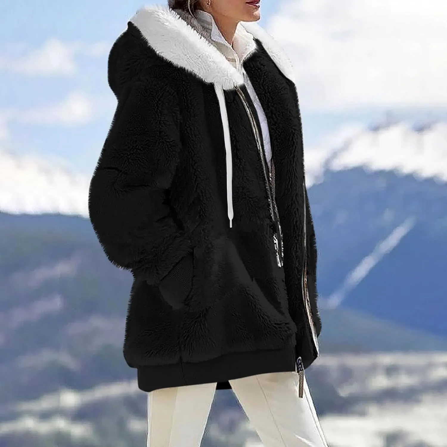 Womens Sherpa Jacket Fuzzy Zip Up Hoodie Oversized Fleece Jackets Fluffy Coat with Pockets