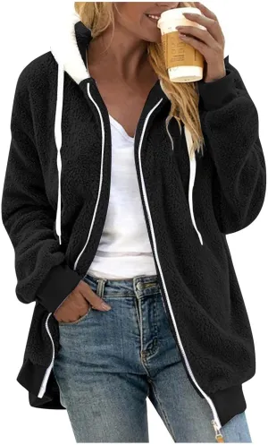 Womens Sherpa Jacket Fuzzy Zip Up Hoodie Oversized Fleece Jackets Fluffy Coat with Pockets