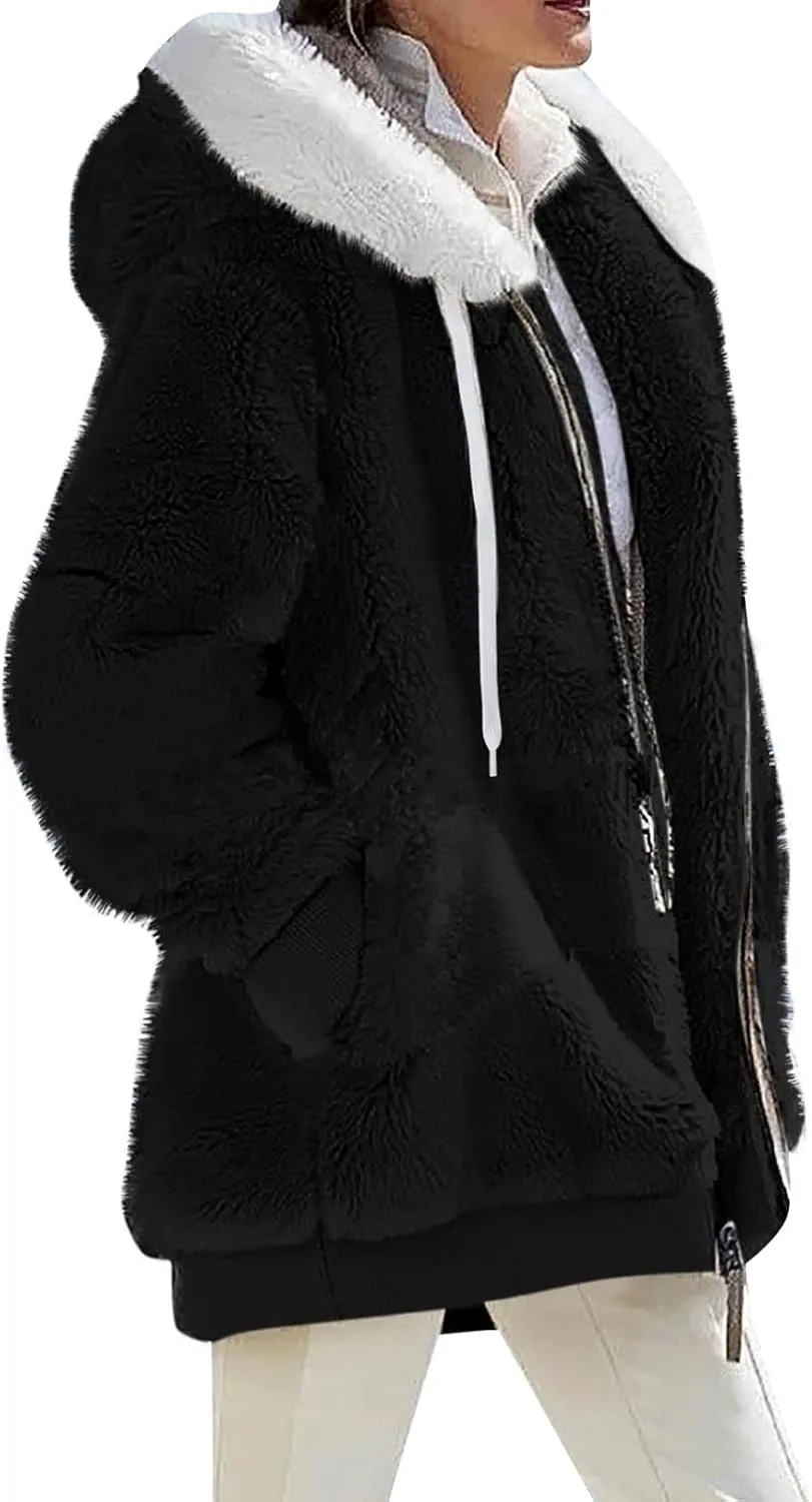 Womens Sherpa Jacket Fuzzy Zip Up Hoodie Oversized Fleece Jackets Fluffy Coat with Pockets