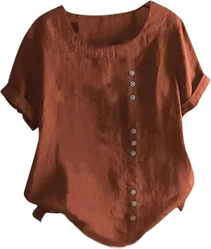 Womens Short Sleeve Button Shirts Blouse Loose Fit Round Neck Tops Fashion Solid Color Casual Cotton Linen Shirts