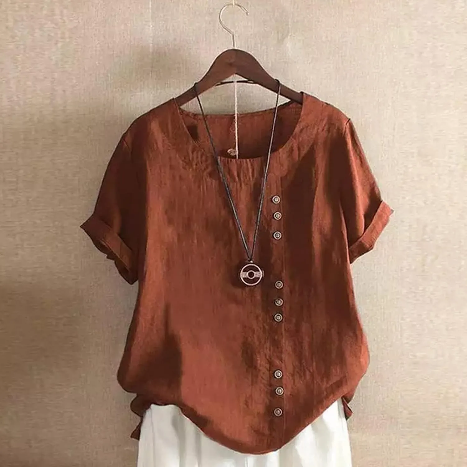 Womens Short Sleeve Button Shirts Blouse Loose Fit Round Neck Tops Fashion Solid Color Casual Cotton Linen Shirts