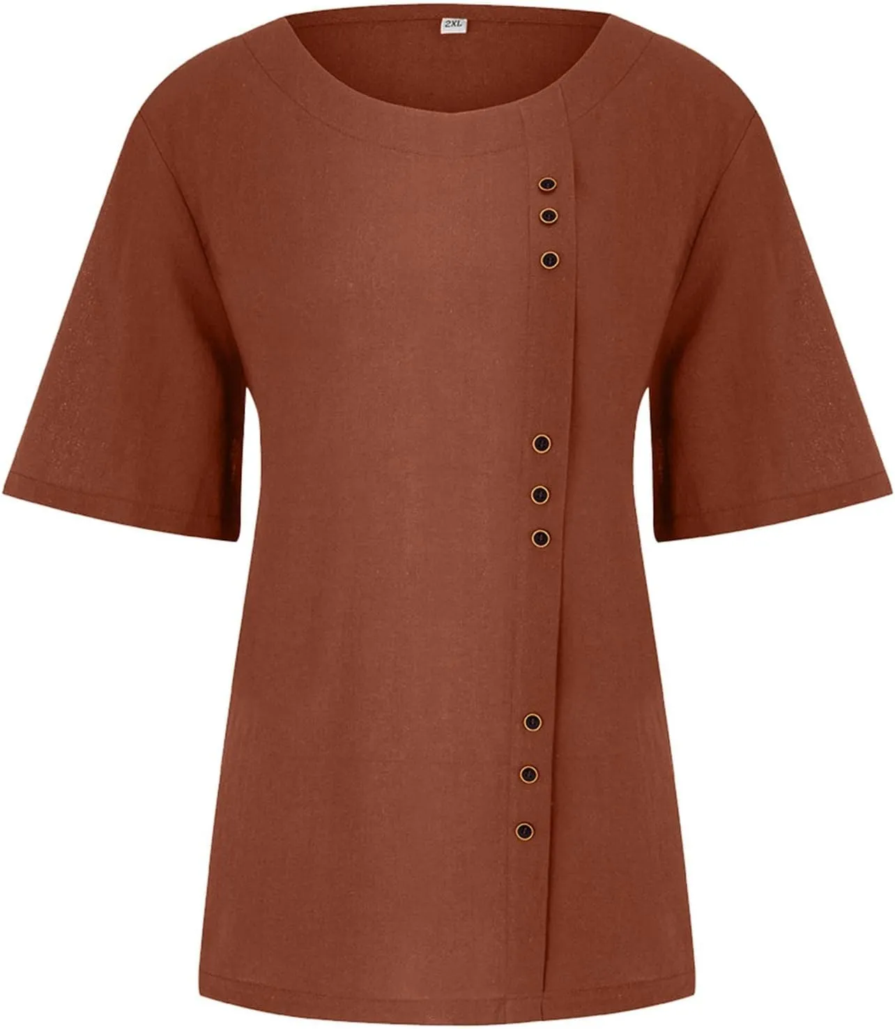 Womens Short Sleeve Button Shirts Blouse Loose Fit Round Neck Tops Fashion Solid Color Casual Cotton Linen Shirts