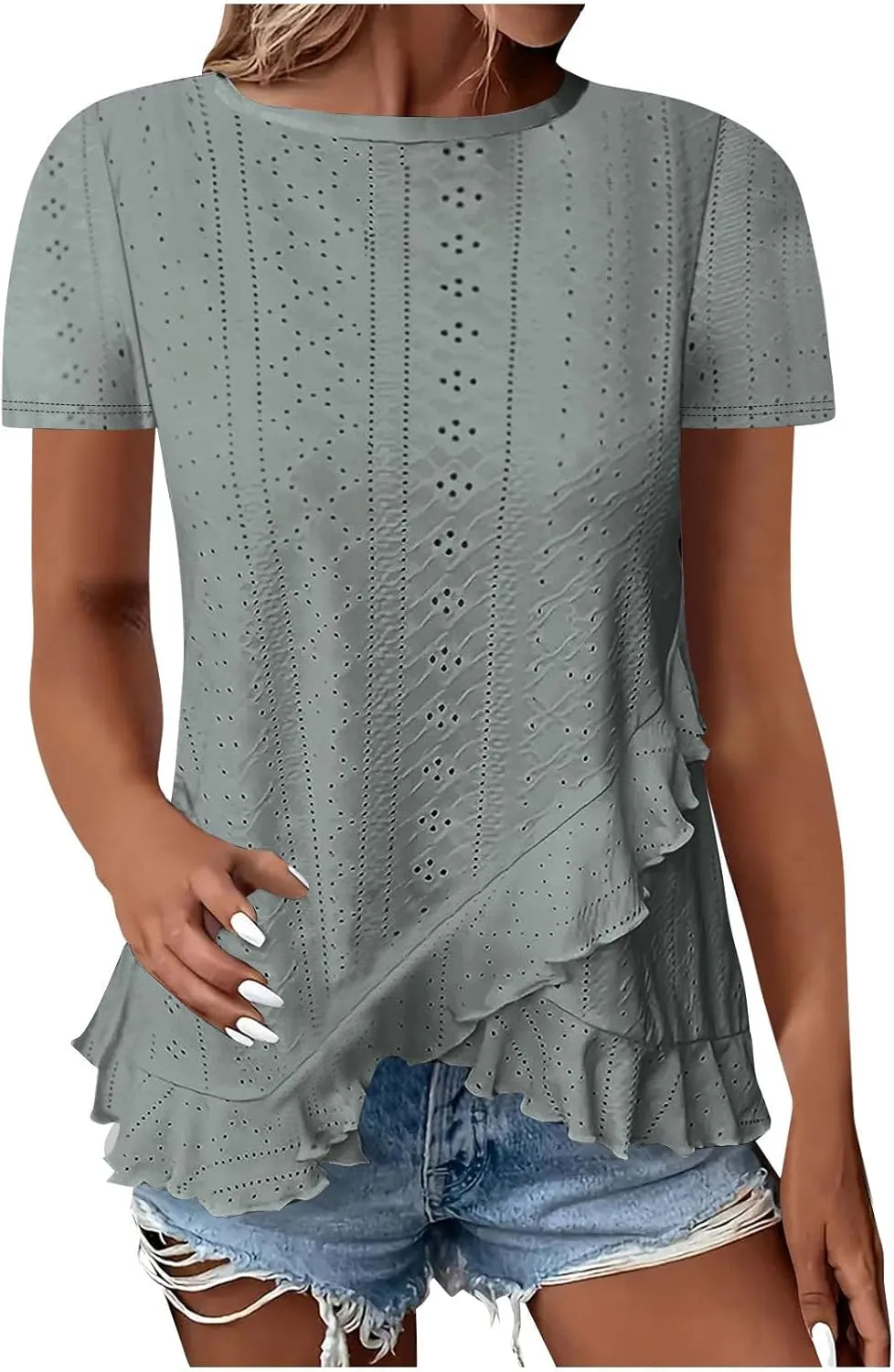Womens Short Sleeve Eyelet Tops Summer Wrap Ruffled Hem Shirts Trendy Casual Dressy Blouse Boho Outfits