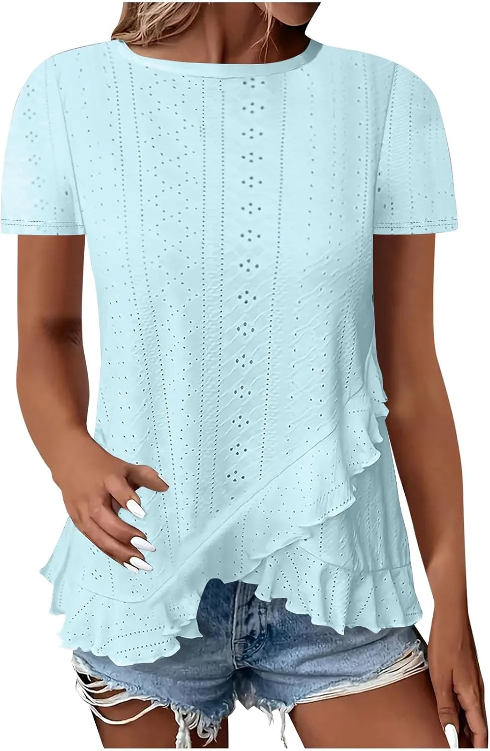Womens Short Sleeve Eyelet Tops Summer Wrap Ruffled Hem Shirts Trendy Casual Dressy Blouse Boho Outfits