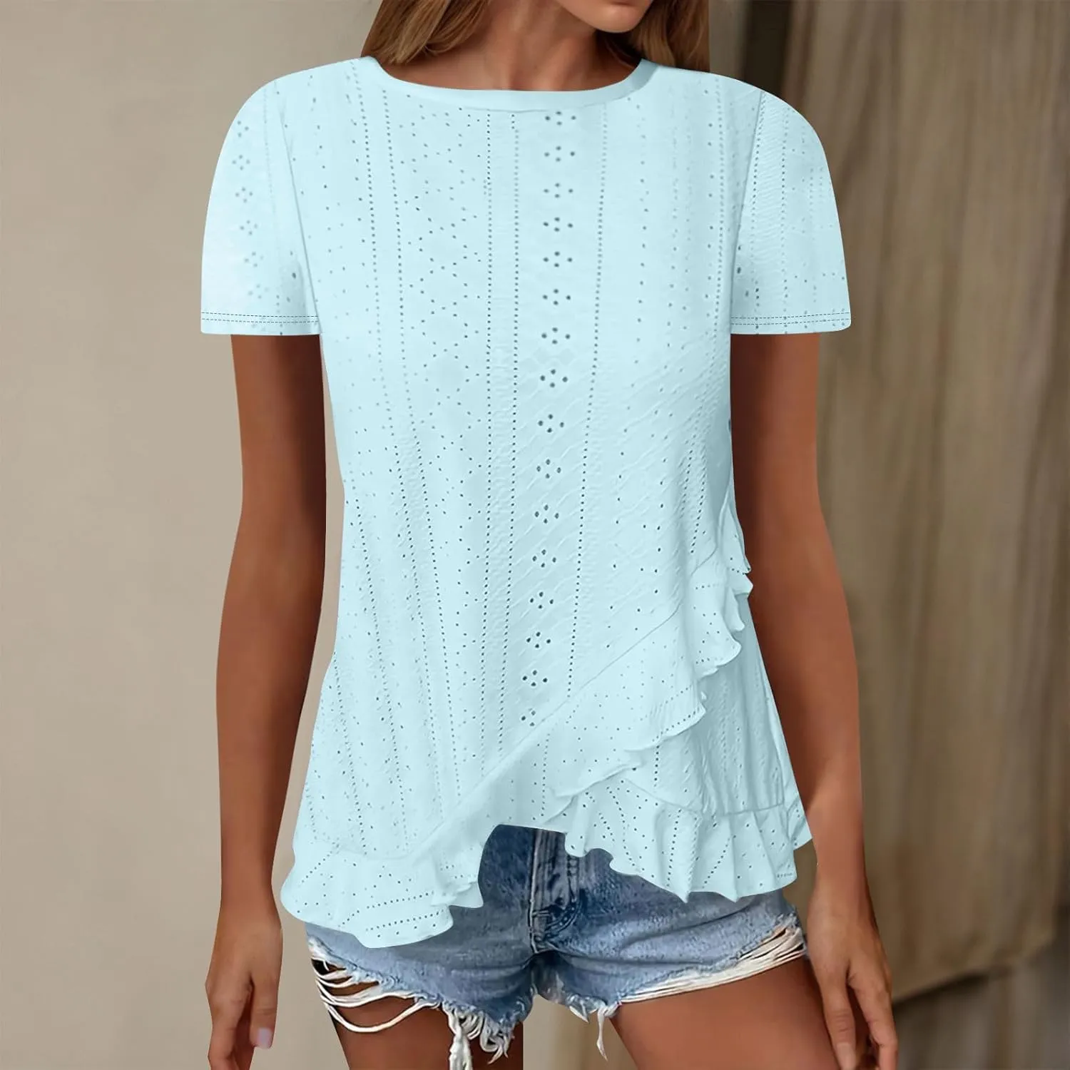 Womens Short Sleeve Eyelet Tops Summer Wrap Ruffled Hem Shirts Trendy Casual Dressy Blouse Boho Outfits