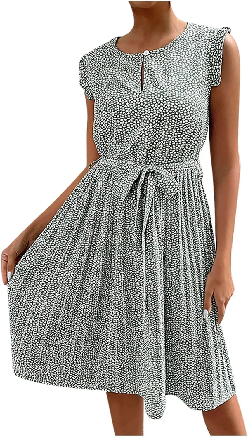 Womens Short Sleeve Midi Dresses Spring Casual Crew Neck Belted Pleated A Line Flowy Wedding Guest Party Dress