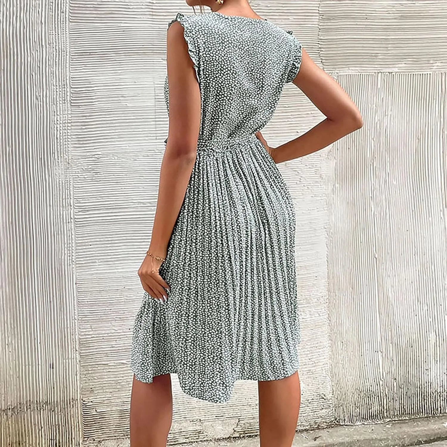 Womens Short Sleeve Midi Dresses Spring Casual Crew Neck Belted Pleated A Line Flowy Wedding Guest Party Dress