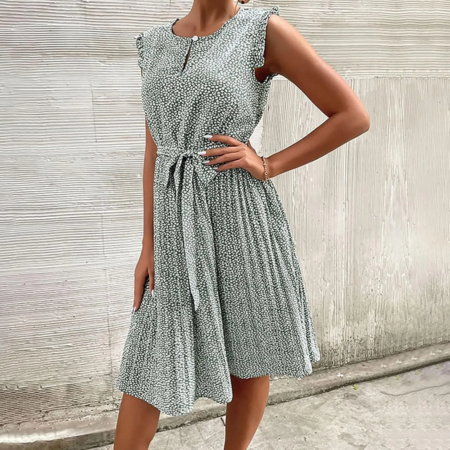 Womens Short Sleeve Midi Dresses Spring Casual Crew Neck Belted Pleated A Line Flowy Wedding Guest Party Dress