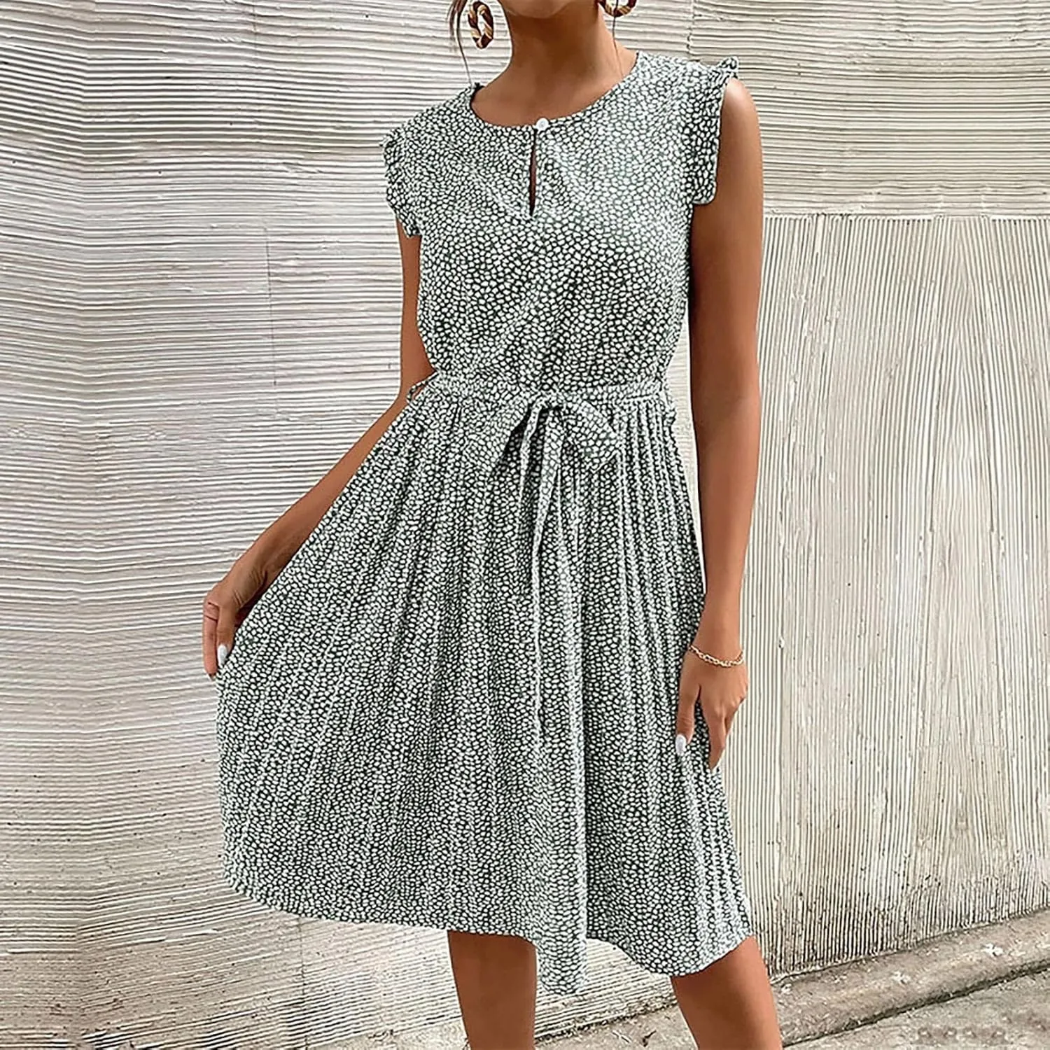Womens Short Sleeve Midi Dresses Spring Casual Crew Neck Belted Pleated A Line Flowy Wedding Guest Party Dress