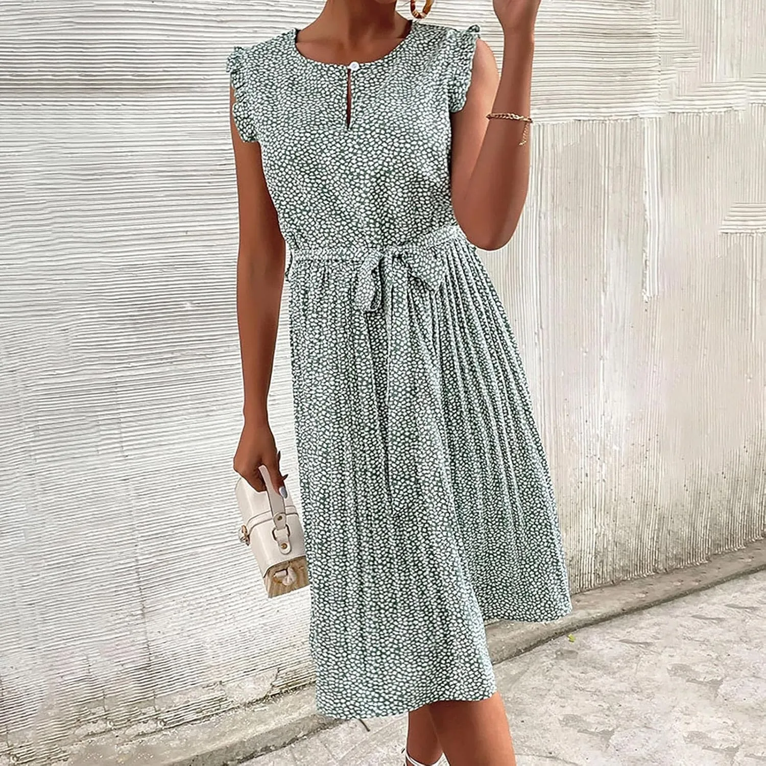 Womens Short Sleeve Midi Dresses Spring Casual Crew Neck Belted Pleated A Line Flowy Wedding Guest Party Dress