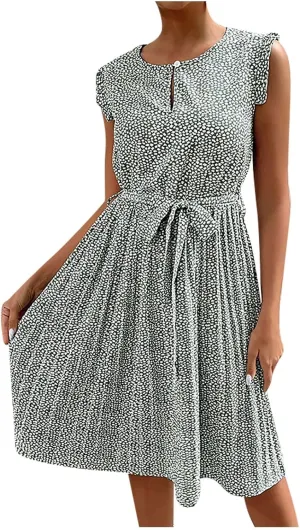 Womens Short Sleeve Midi Dresses Spring Casual Crew Neck Belted Pleated A Line Flowy Wedding Guest Party Dress