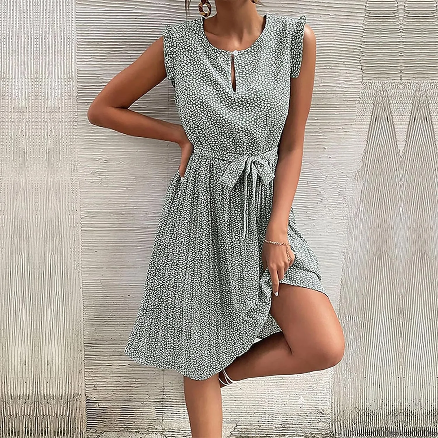 Womens Short Sleeve Midi Dresses Spring Casual Crew Neck Belted Pleated A Line Flowy Wedding Guest Party Dress