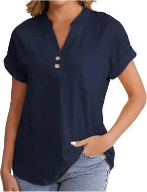 Womens Short Sleeve T-Shirts Summer Cotton Linen Simple Tops Casual Tunic Tee V Neck Basic Workout Clothes Outfits