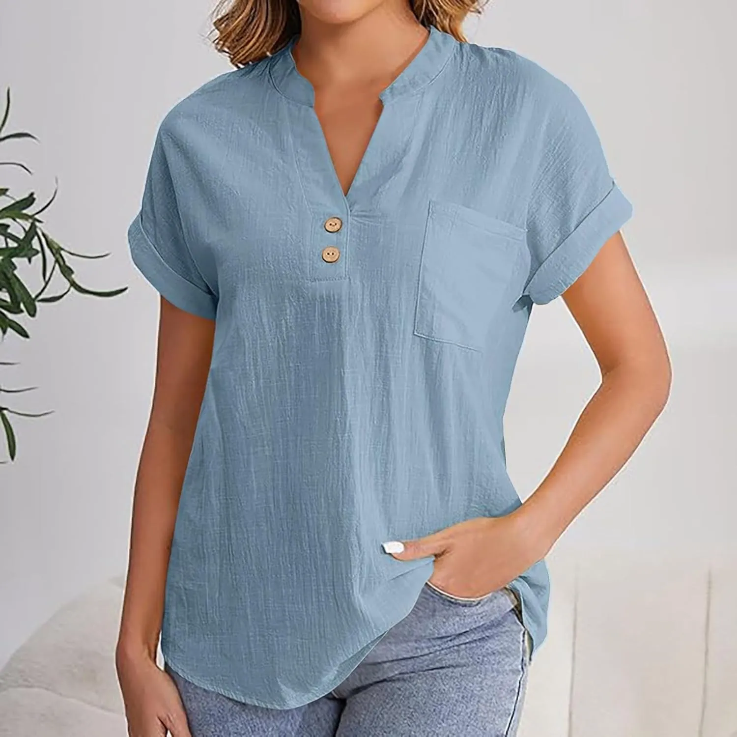 Womens Short Sleeve T-Shirts Summer Cotton Linen Simple Tops Casual Tunic Tee V Neck Basic Workout Clothes Outfits