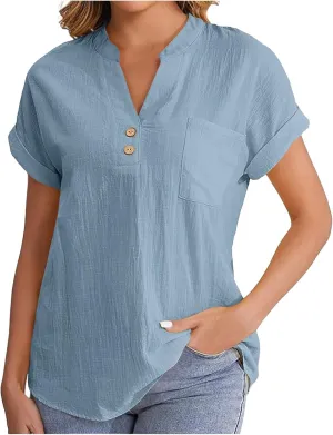 Womens Short Sleeve T-Shirts Summer Cotton Linen Simple Tops Casual Tunic Tee V Neck Basic Workout Clothes Outfits