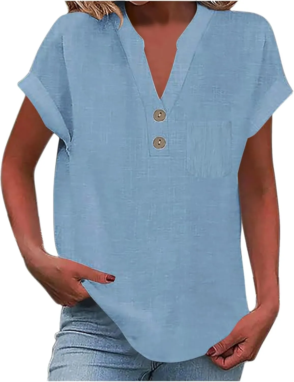 Womens Short Sleeve T-Shirts Summer Cotton Linen Simple Tops Casual Tunic Tee V Neck Basic Workout Clothes Outfits