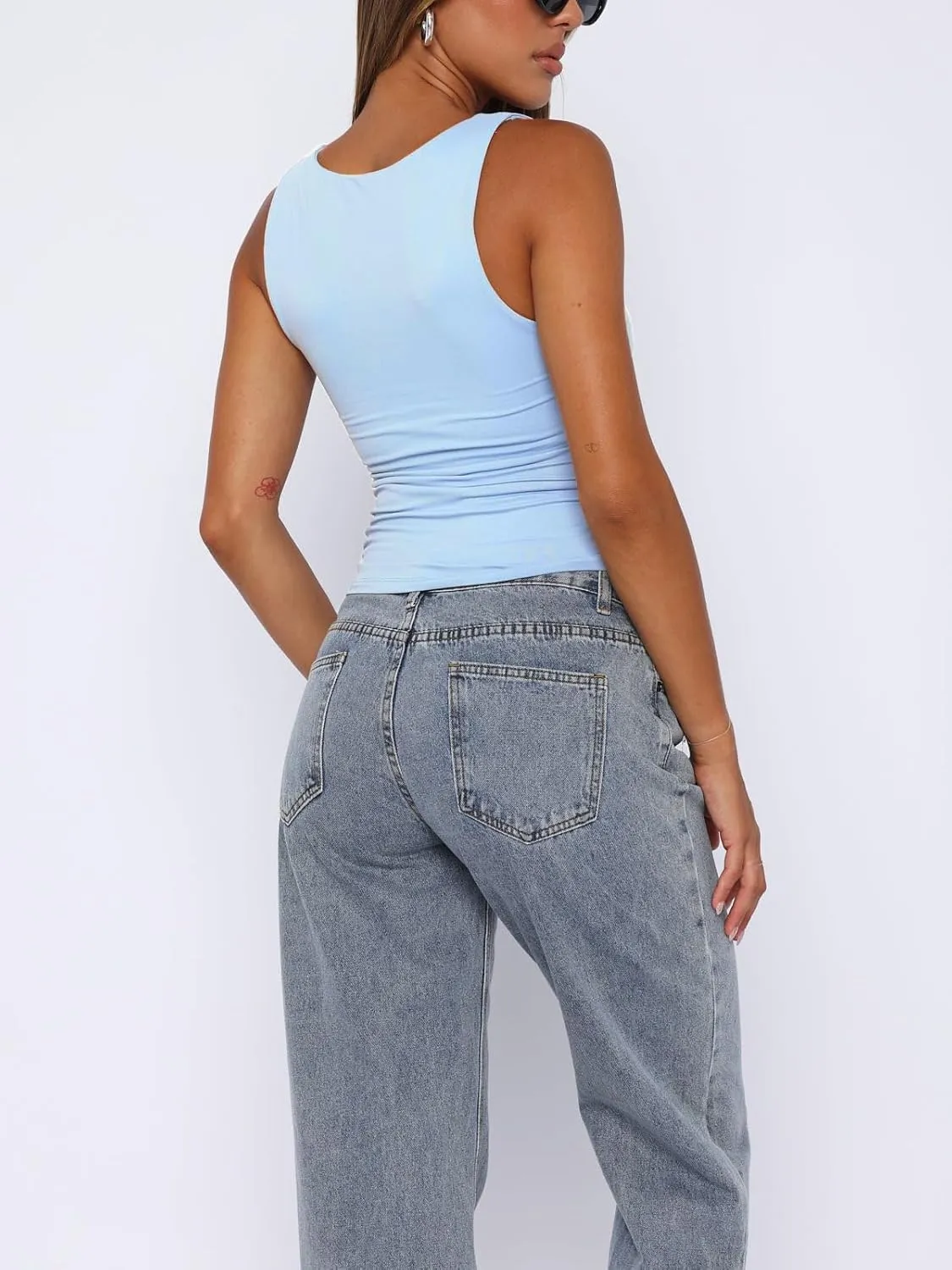 Women's Sleeveless Square Neck Strappy Tank Cute Double Layer Workout Summer Casual Basic Crop Tops