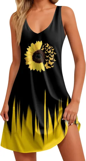 Women's Sleeveless Sunflower Print Summer Dress Casual V-Neck A-Line Summer for Beach and Daily Wear