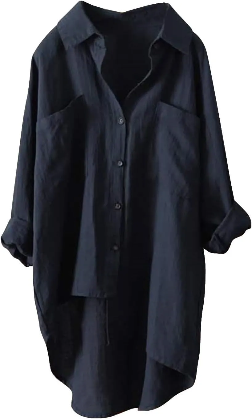 Women's Solid Color Shirts Business Single Breasted High Low Irregular Hem Long Sleeve Loose Blouse Office Work Tops
