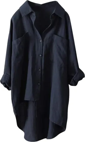 Women's Solid Color Shirts Business Single Breasted High Low Irregular Hem Long Sleeve Loose Blouse Office Work Tops