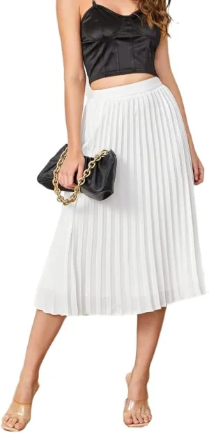 Womens Solid Pleated Midi Skirt High Waist Loose Knee Length Skirts for Women