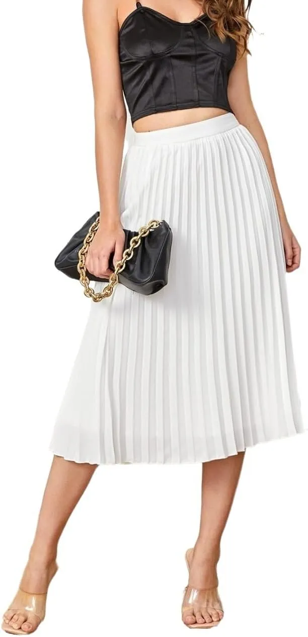 Womens Solid Pleated Midi Skirt High Waist Loose Knee Length Skirts for Women