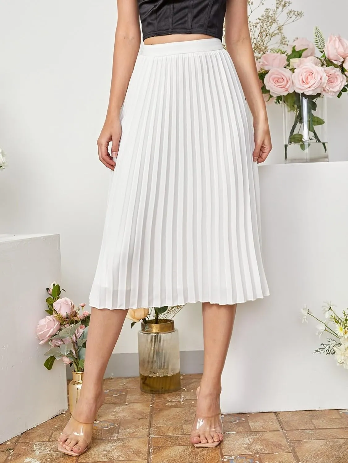 Womens Solid Pleated Midi Skirt High Waist Loose Knee Length Skirts for Women