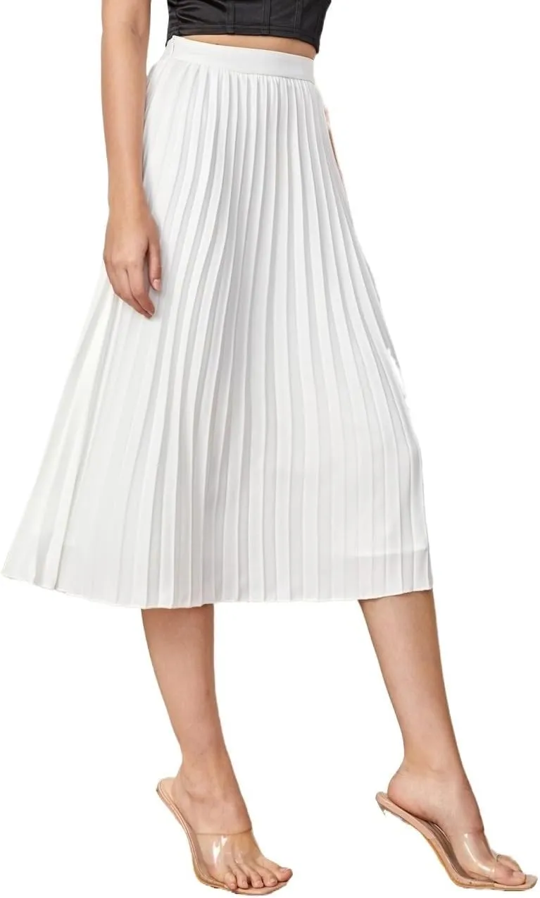 Womens Solid Pleated Midi Skirt High Waist Loose Knee Length Skirts for Women