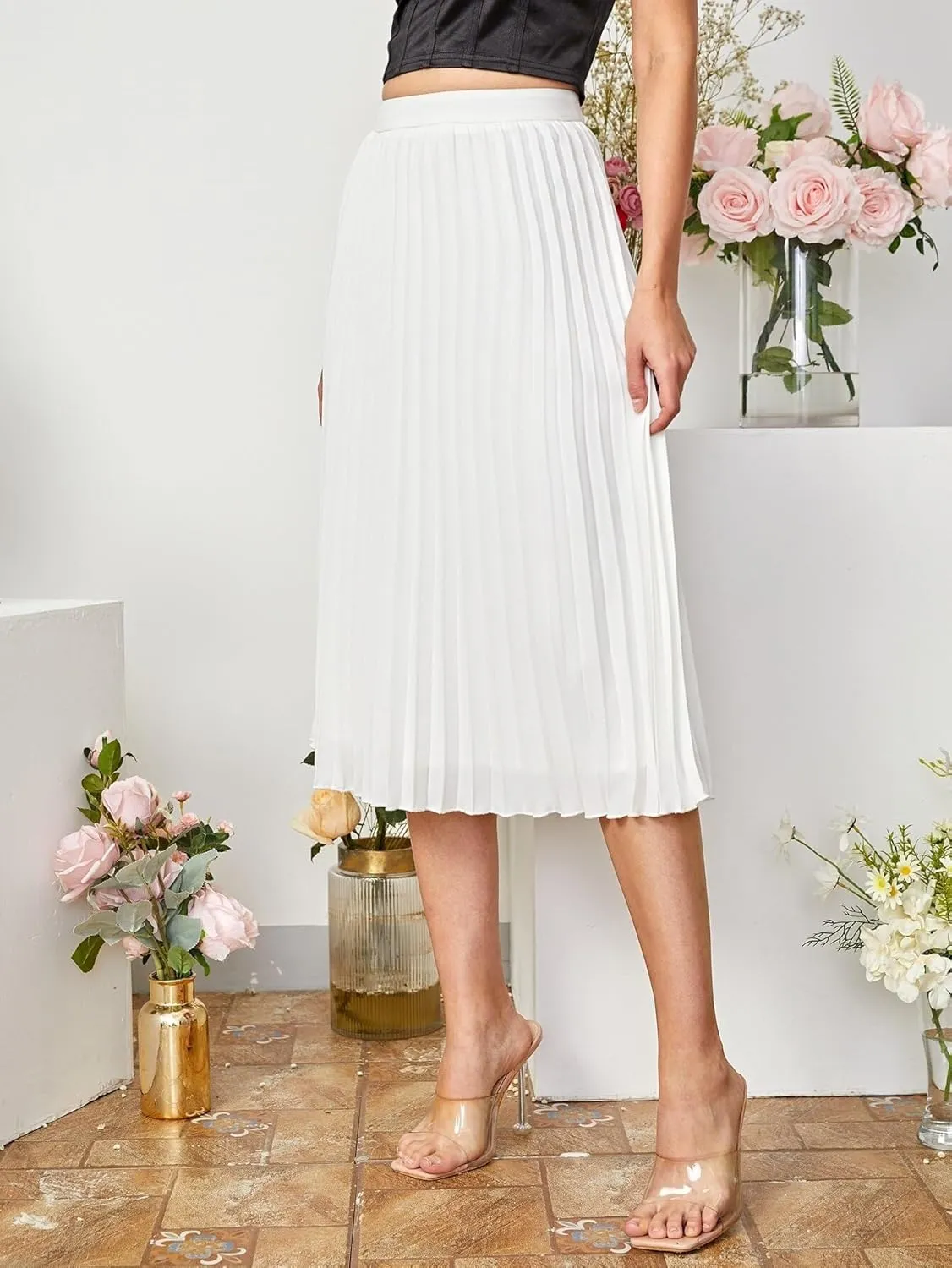 Womens Solid Pleated Midi Skirt High Waist Loose Knee Length Skirts for Women