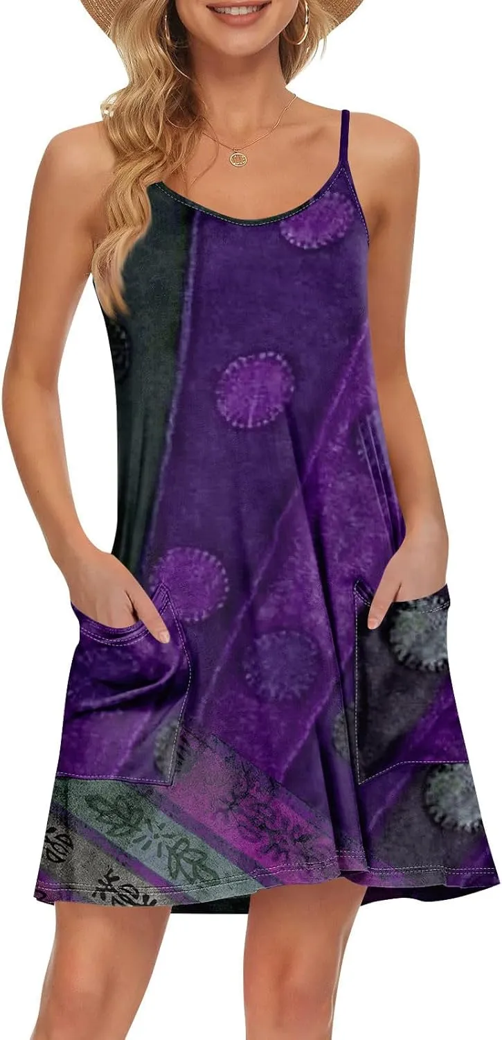 Women's Spaghetti Strap Dress Summer Color Block Print Sleeveless Sundress Casual Vacation Beach Dresses with Pockets