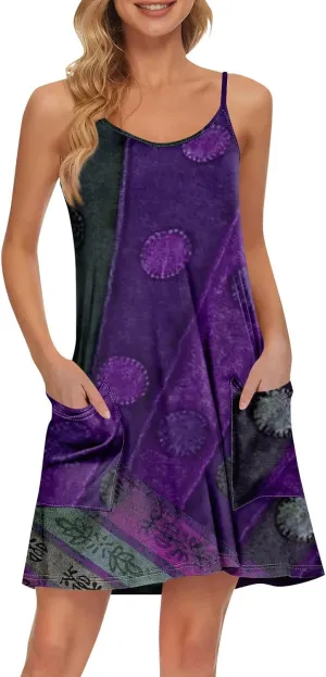 Women's Spaghetti Strap Dress Summer Color Block Print Sleeveless Sundress Casual Vacation Beach Dresses with Pockets