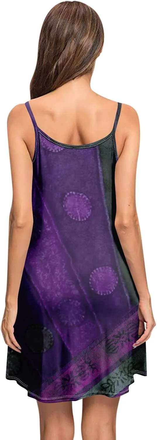 Women's Spaghetti Strap Dress Summer Color Block Print Sleeveless Sundress Casual Vacation Beach Dresses with Pockets